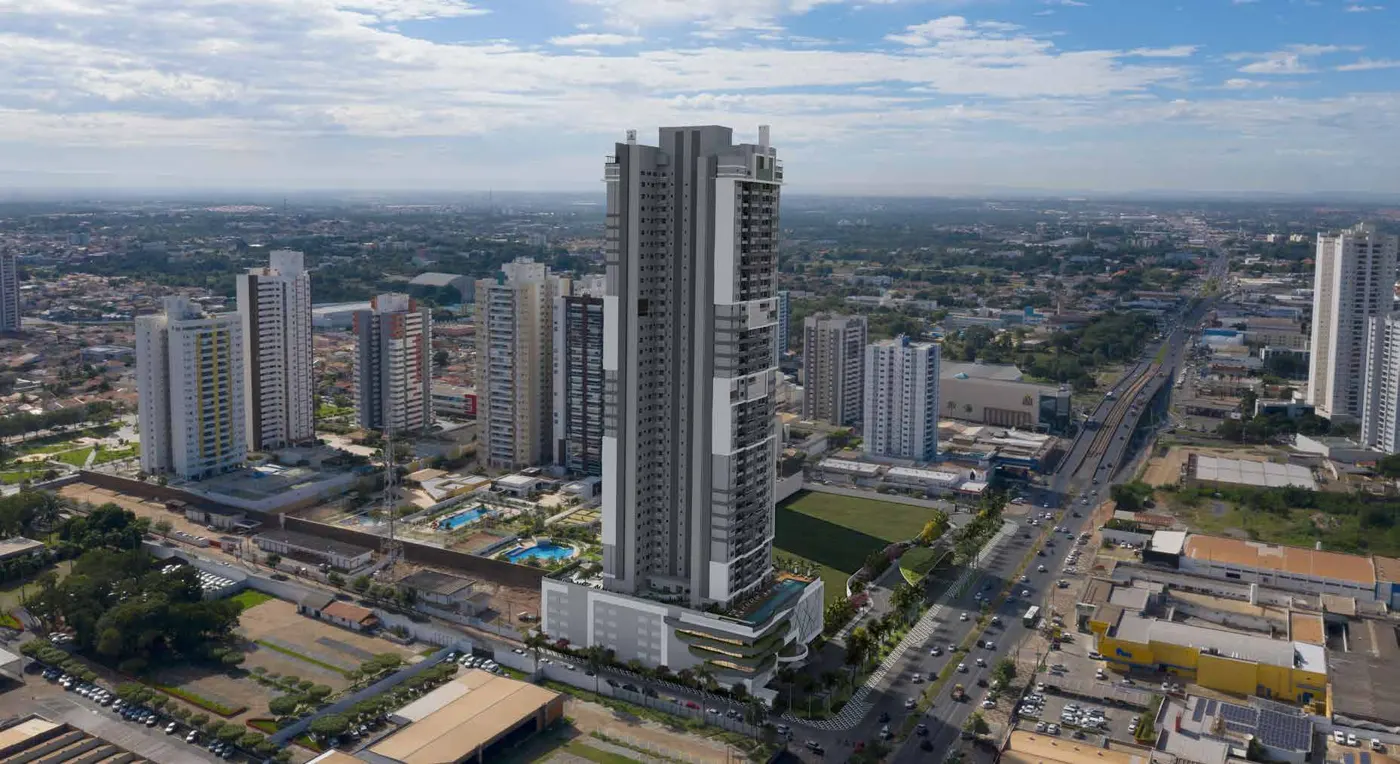 Vista aérea de Cuiabá com torre residencial (imagem ilustrativa)