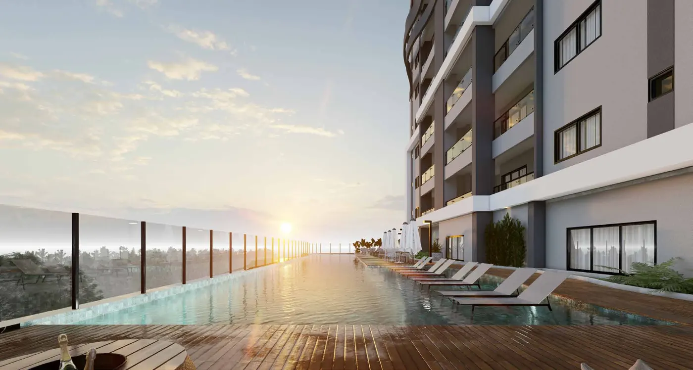 Piscina de cobertura ao pôr do sol (imagem ilustrativa)